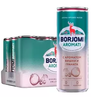 Вода Borjomi Aromati газированная вишня-гранат в банке 0.33 литра